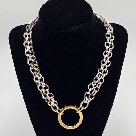 Napier Jewelry - Napier Multi Tone Heavy Link Double Chain 16" Necklace w/ Gold Circle Pendant